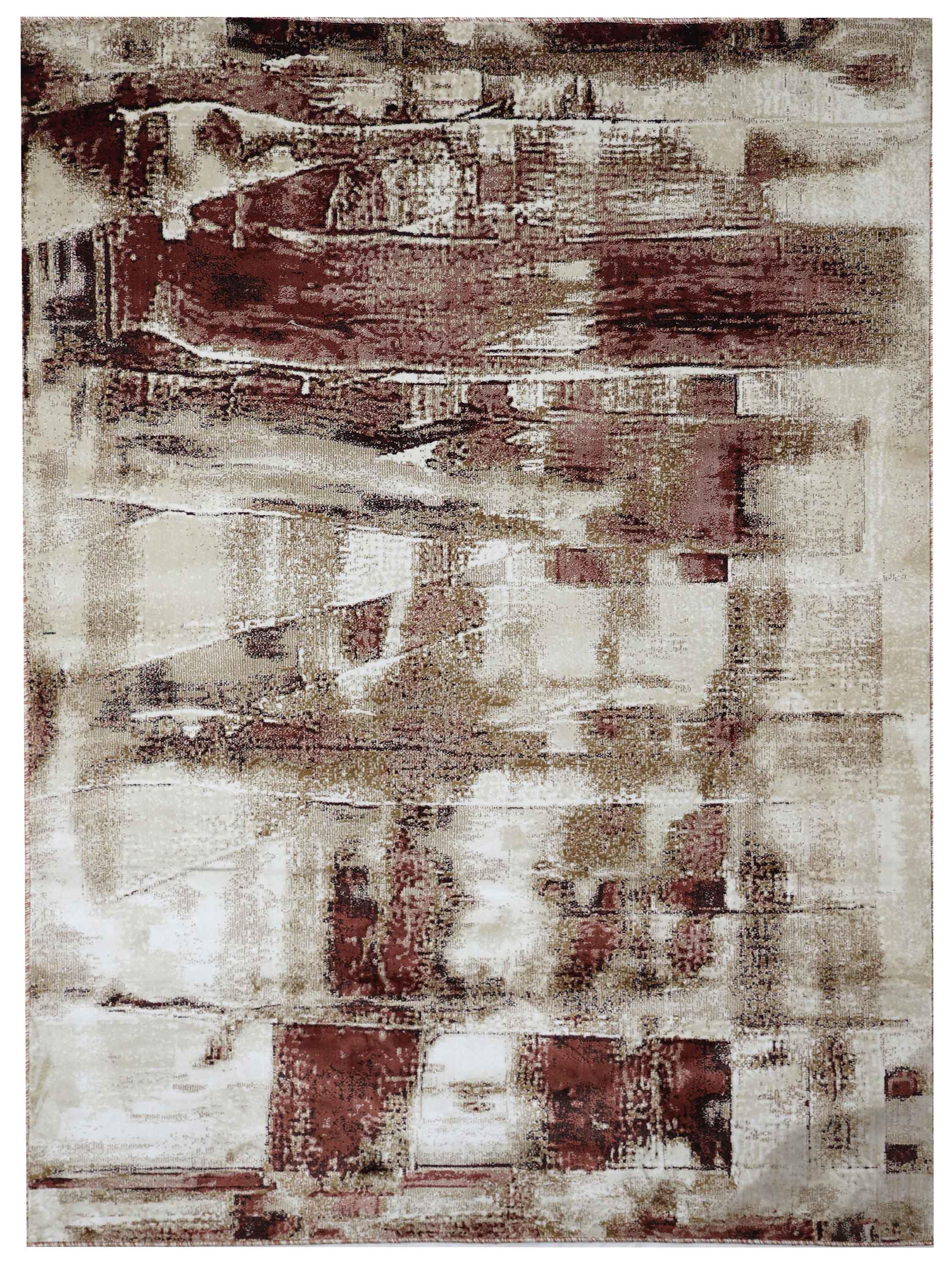 Abstract painting with an earthy palette of red, brown, and beige. Features textured brushstrokes and geometric forms, creating a rustic tone.