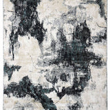 Abstract modern rug with a monochrome palette. Features dark, irregular patterns against a beige background, conveying a serene, artistic tone.