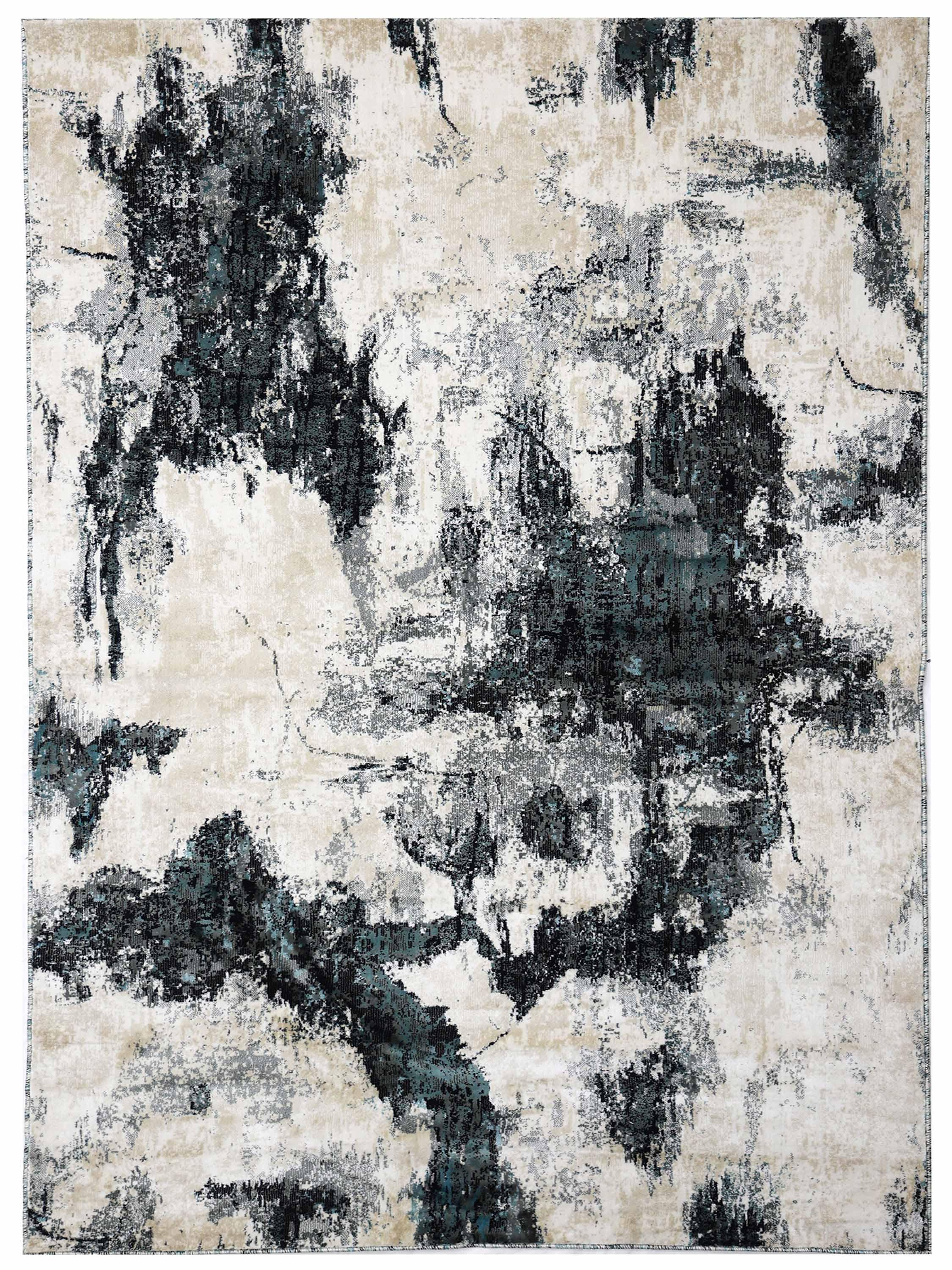 Abstract modern rug with a monochrome palette. Features dark, irregular patterns against a beige background, conveying a serene, artistic tone.
