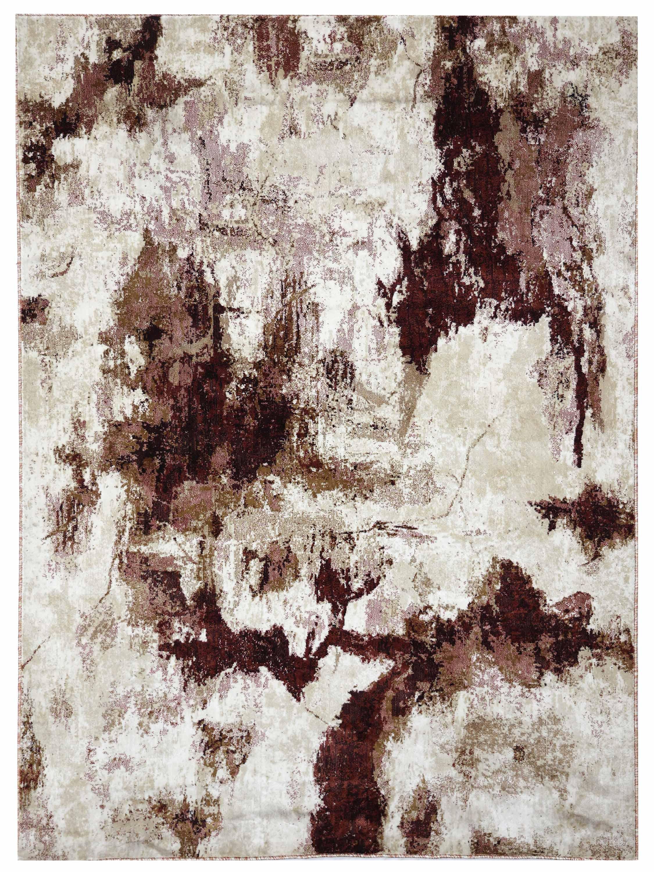 Abstract rug design with maroon and beige tones, featuring mottled patterns resembling a weathered landscape. The texture suggests warmth and depth.