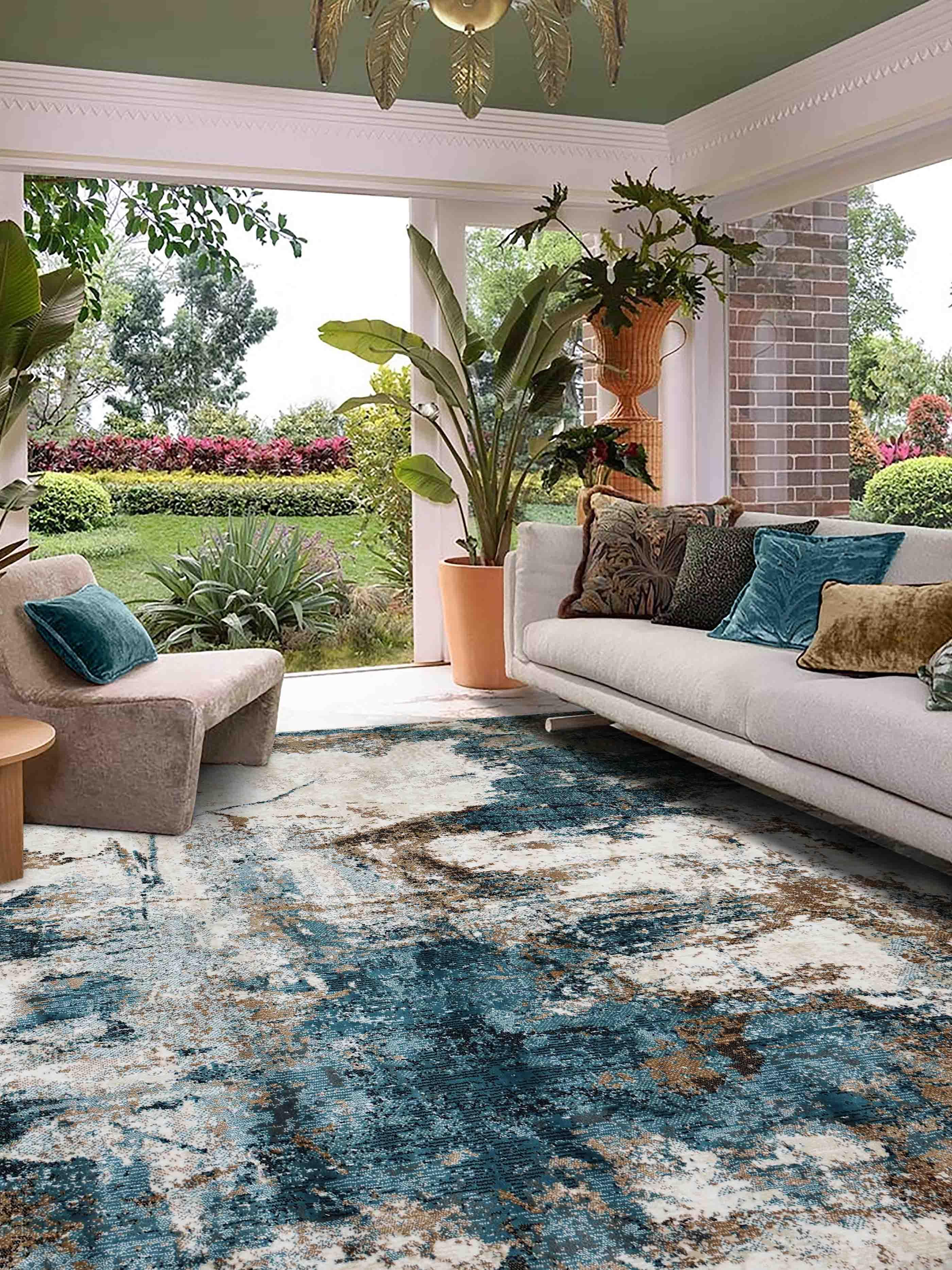 MN-007 | FT 2' X 5' | FT 3' X 5' | FT 4' X 6' | FT 5' X 7' | FT 6' X 9' | MODERN RUGS | CERULEAN/RUST - Luxurify