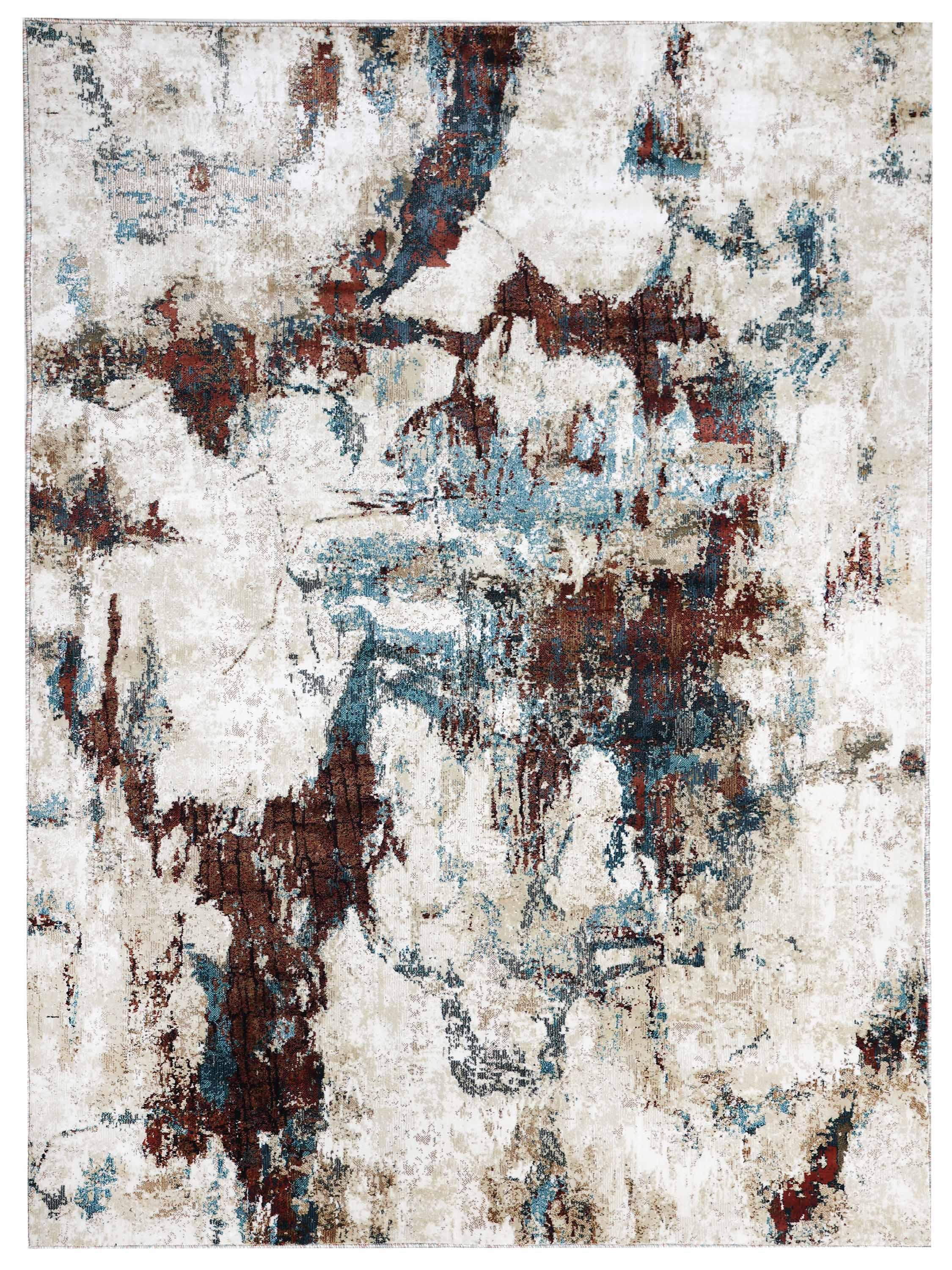 Abstract art with a textured design, featuring earthy reds, cool blues, and soft cream tones. The colors blend and overlap, creating a dynamic, flowing appearance.