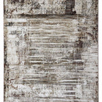 Abstract rug design in neutral tones of beige, white, and brown with a distressed texture. Features horizontal and vertical lines, creating a rustic, vintage feel.