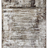 Abstract rug design in neutral tones of beige, white, and brown with a distressed texture. Features horizontal and vertical lines, creating a rustic, vintage feel.