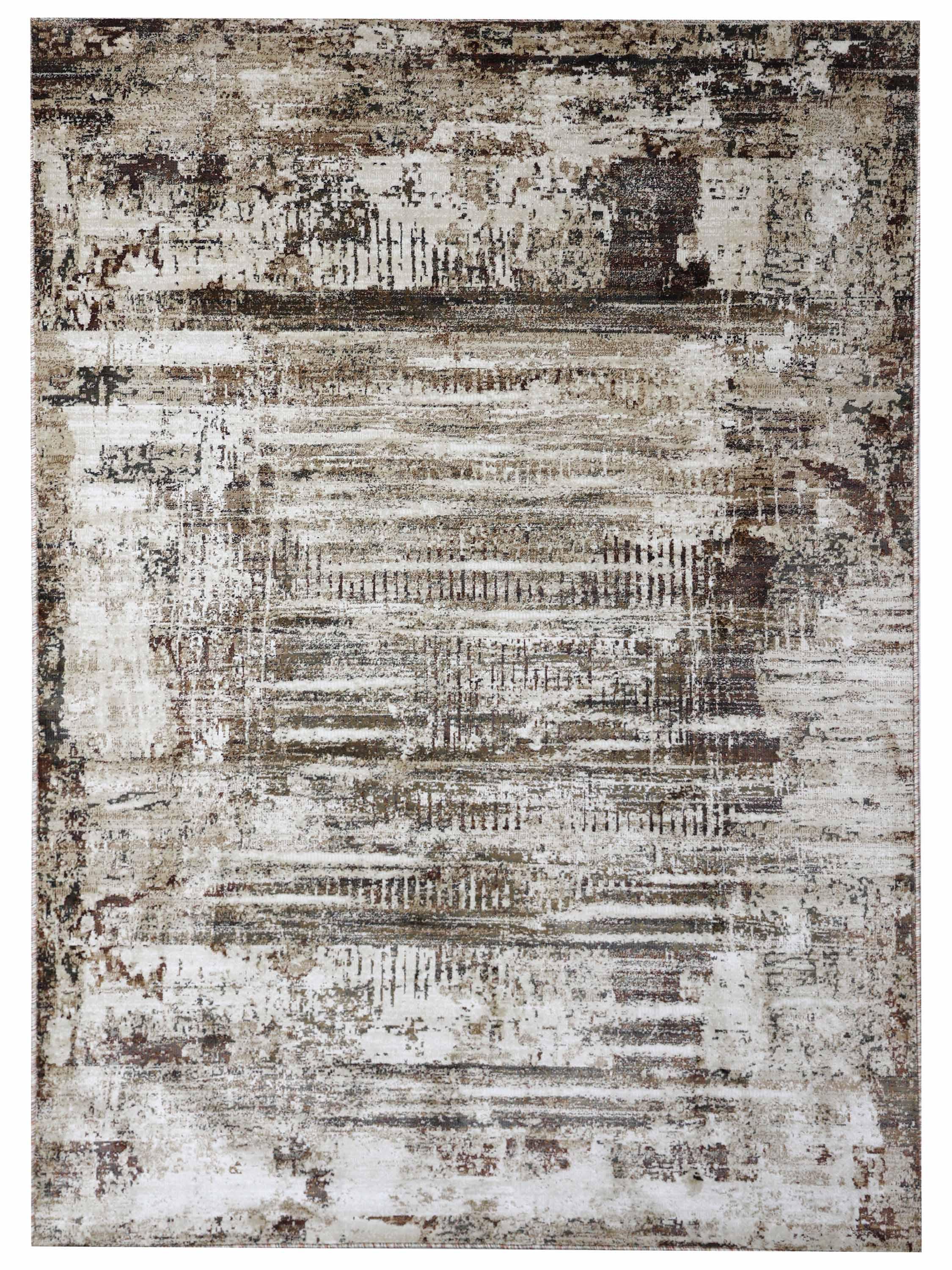 Abstract rug design in neutral tones of beige, white, and brown with a distressed texture. Features horizontal and vertical lines, creating a rustic, vintage feel.