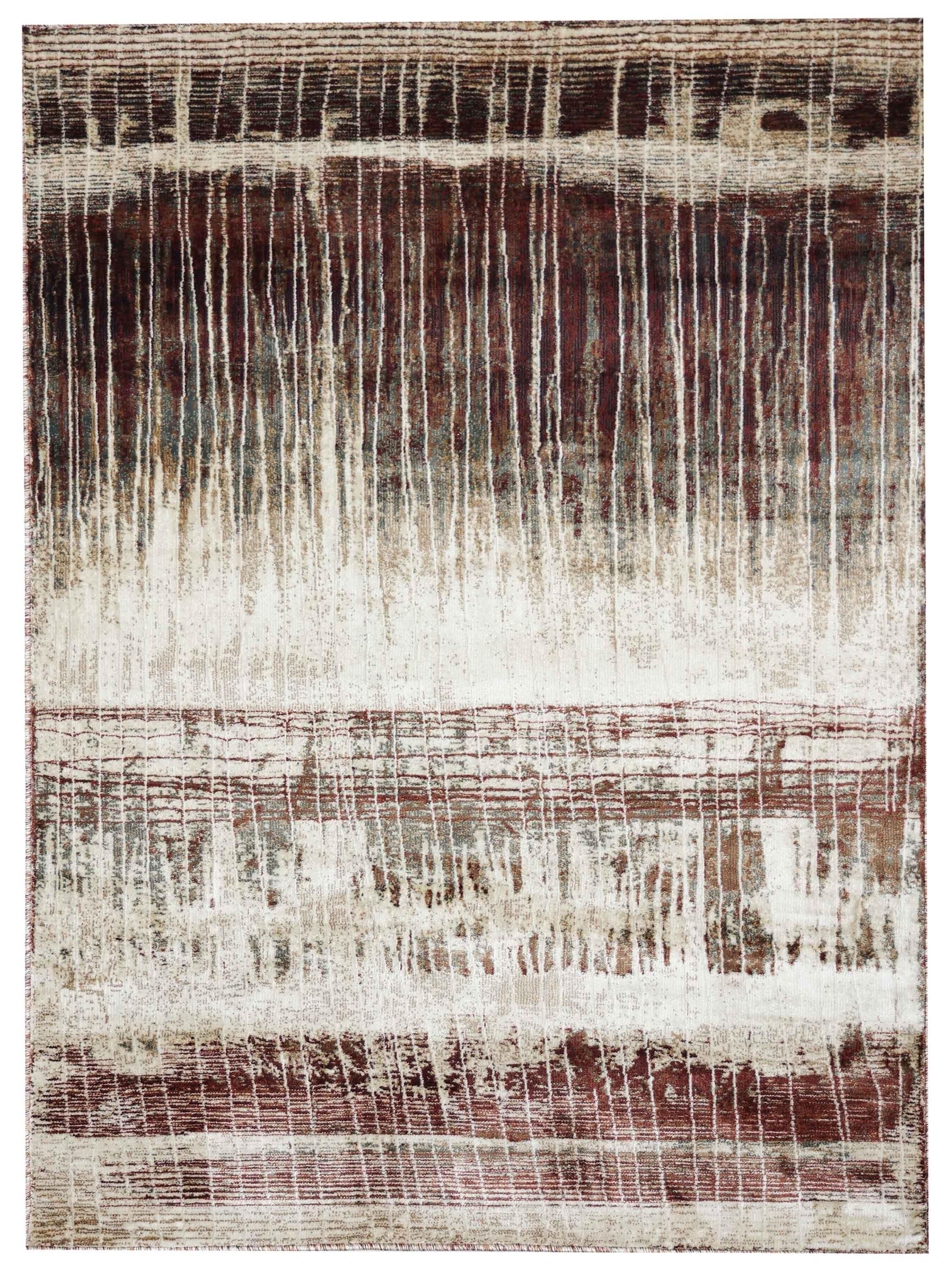 Abstract modern rug design with vertical and horizontal streaks. Rich earthy tones of brown and beige create a textured, layered effect.