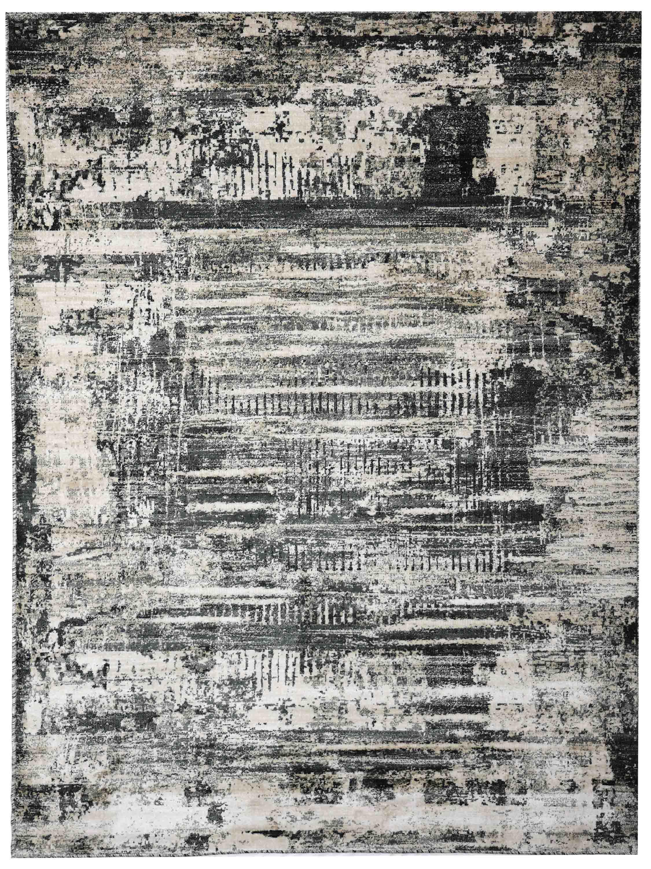 Abstract black and white rug featuring a distressed texture with layered rectangular patterns, creating a vintage and modern fusion aesthetic.