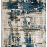 Abstract rug design with blue, beige, and brown hues creating a textured, layered pattern. The mix of colors and shapes conveys an artistic, modern vibe.