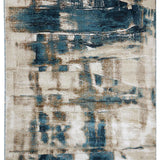 Abstract rug design with blue, beige, and brown hues creating a textured, layered pattern. The mix of colors and shapes conveys an artistic, modern vibe.