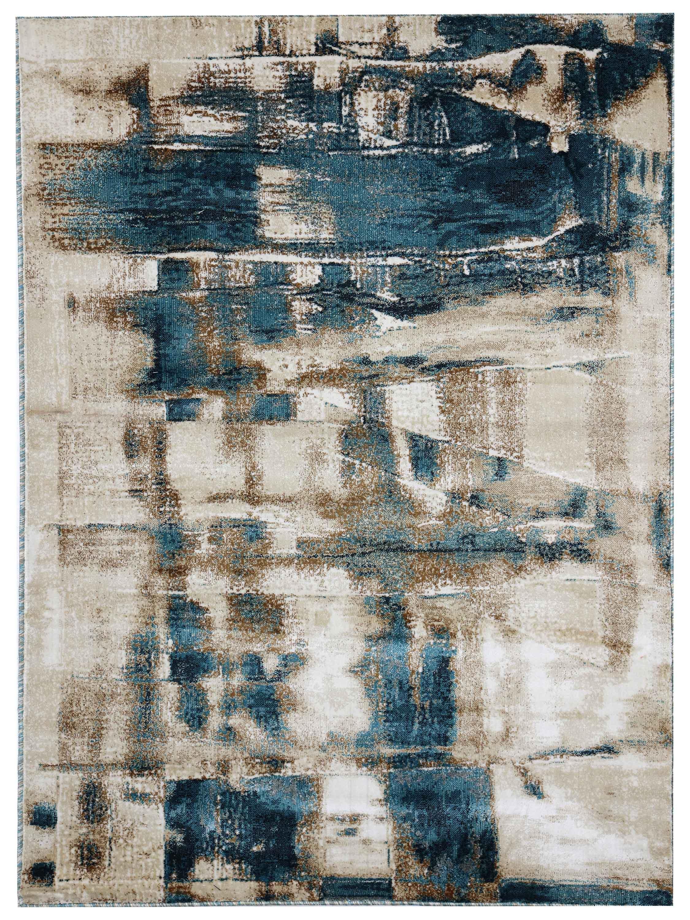 Abstract rug design with blue, beige, and brown hues creating a textured, layered pattern. The mix of colors and shapes conveys an artistic, modern vibe.
