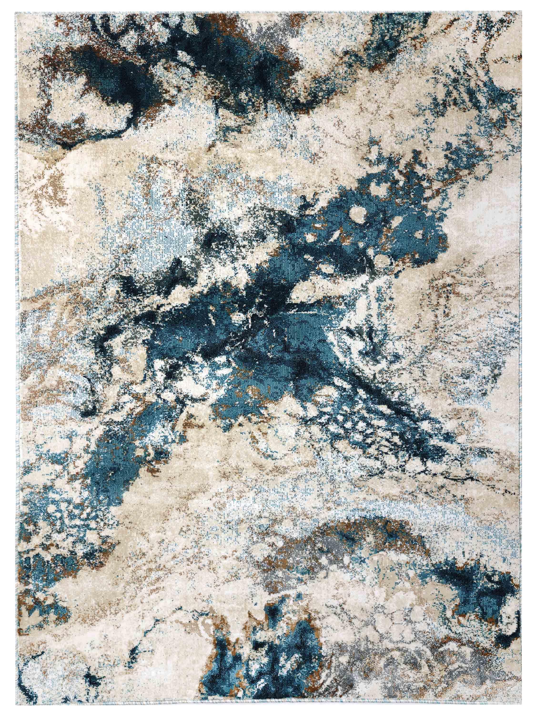 Abstract rug design featuring swirling blue, beige, and white patterns resembling a watercolor landscape. The tone is artistic and serene.