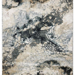 Abstract rug design with a marbled texture in shades of gray, beige, and cream. It has a dynamic, organic pattern, evoking a sense of movement.