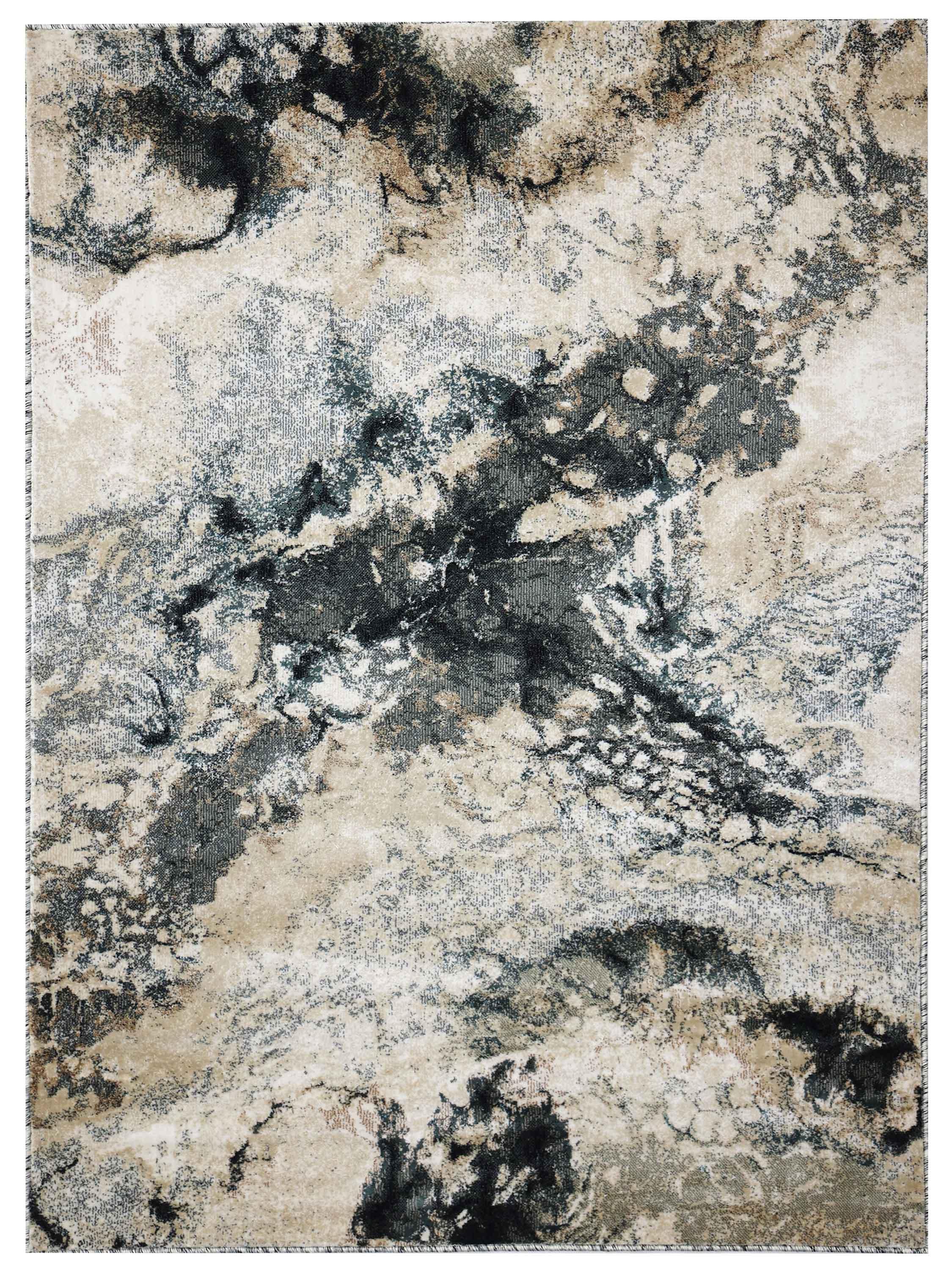 Abstract rug design with a marbled texture in shades of gray, beige, and cream. It has a dynamic, organic pattern, evoking a sense of movement.