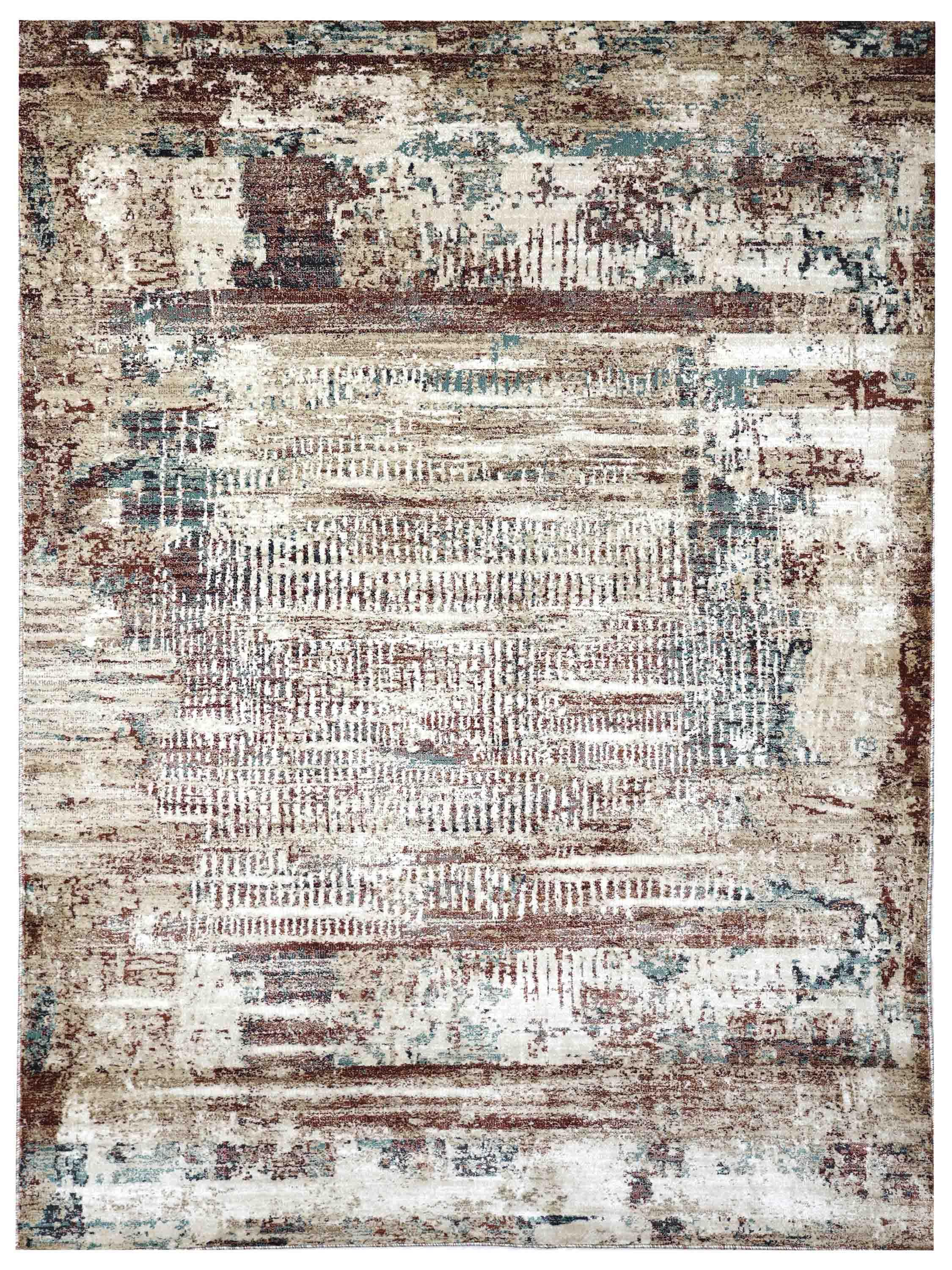 Abstract rug with a distressed design and color blocks in shades of brown, beige, and hints of blue. The texture appears rough, creating an antique feel.