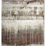 Abstract rug with vertical beige, brown, and muted blue stripes, resembling dripping paint. The design conveys a sense of rustic elegance and texture.