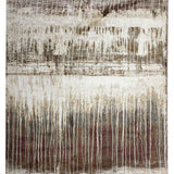 Abstract rug with vertical beige, brown, and muted blue stripes, resembling dripping paint. The design conveys a sense of rustic elegance and texture.