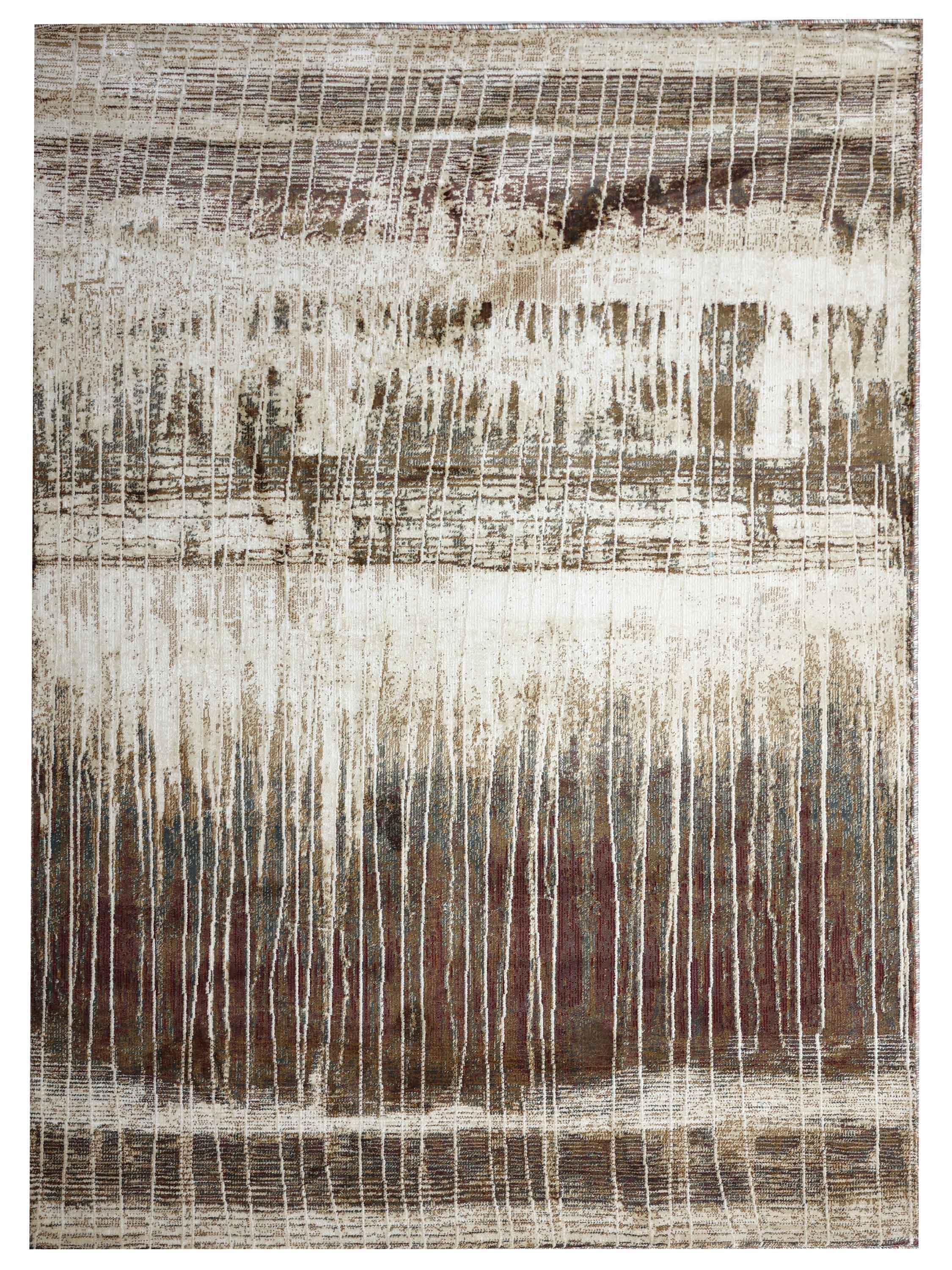 Abstract rug with vertical beige, brown, and muted blue stripes, resembling dripping paint. The design conveys a sense of rustic elegance and texture.