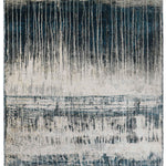Abstract rug design with vertical white streaks over a dark blue gradient background. The texture has a distressed and artistic feel, conveying depth.