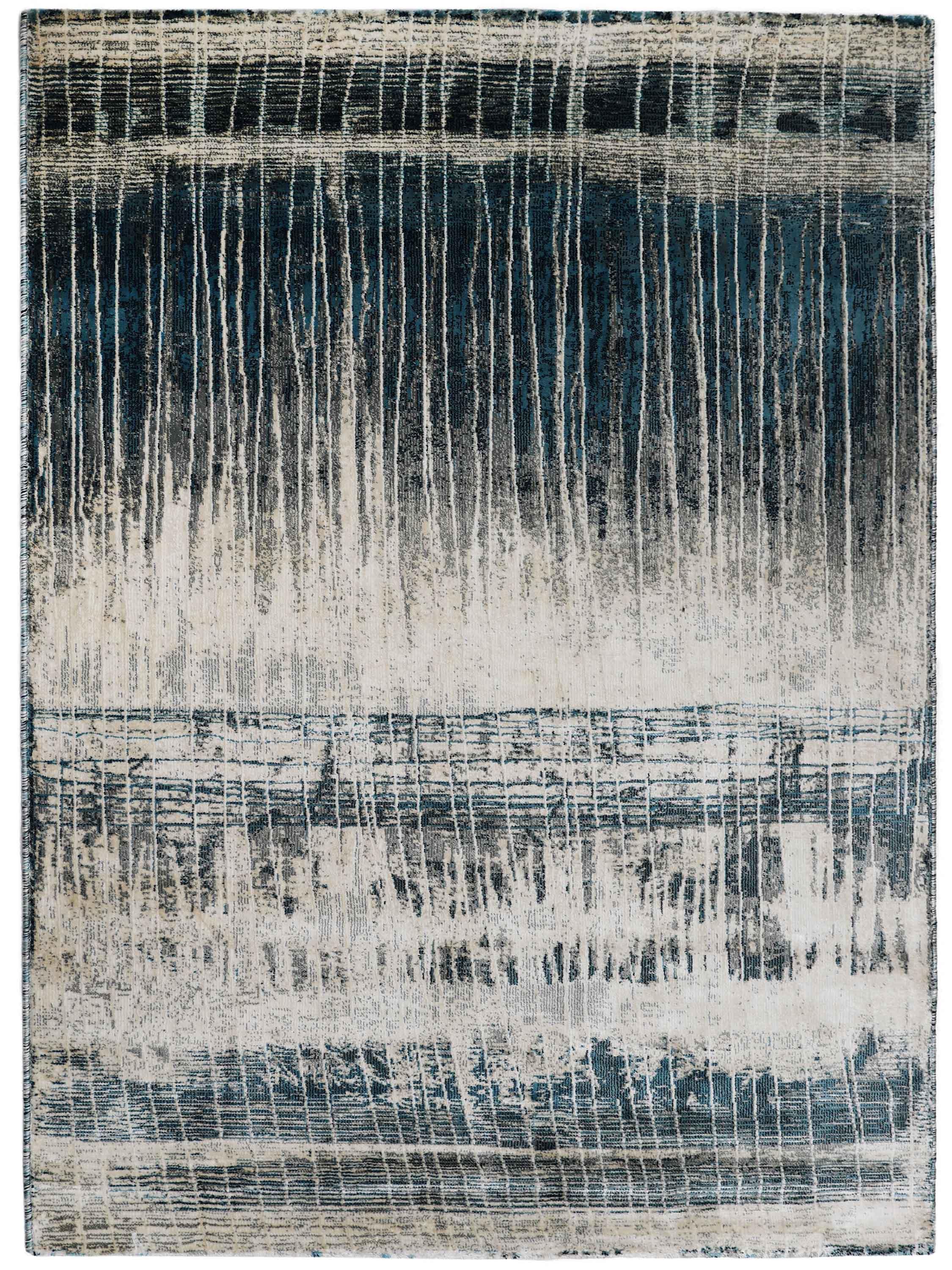 Abstract rug design with vertical white streaks over a dark blue gradient background. The texture has a distressed and artistic feel, conveying depth.
