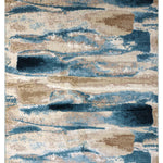 Abstract rug with a fluid pattern of blue, beige, and cream brushstrokes. The design resembles flowing water or clouds, evoking a serene, natural feel.