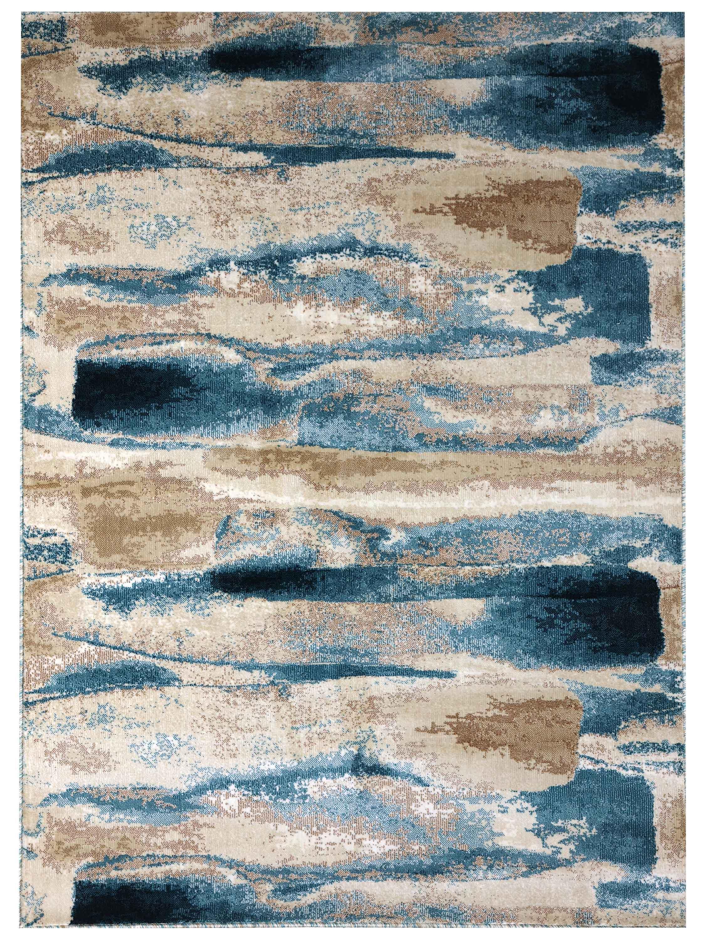 Abstract rug with a fluid pattern of blue, beige, and cream brushstrokes. The design resembles flowing water or clouds, evoking a serene, natural feel.