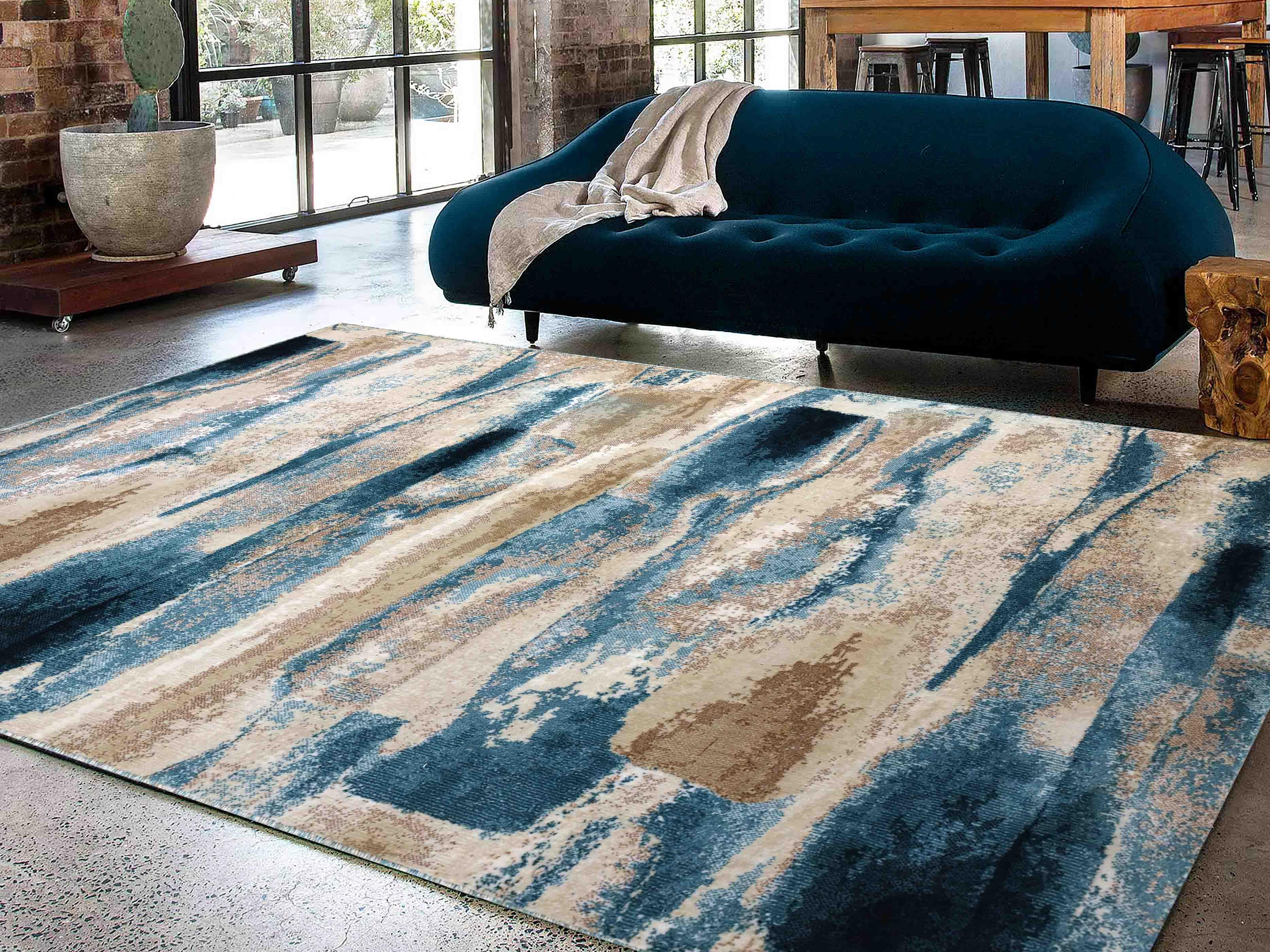 MN-003 | FT 2' X 5' | FT 3' X 5' | FT 4' X 6' | FT 5' X 7' | FT 6' X 9' | MODERN RUGS | ELECTRIC BLUE/RUST - Luxurify