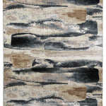 Abstract rug design featuring horizontal wavy patterns in shades of beige, gray, and brown, creating a textured, tranquil landscape effect.