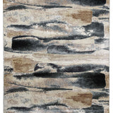 Abstract rug design featuring horizontal wavy patterns in shades of beige, gray, and brown, creating a textured, tranquil landscape effect.
