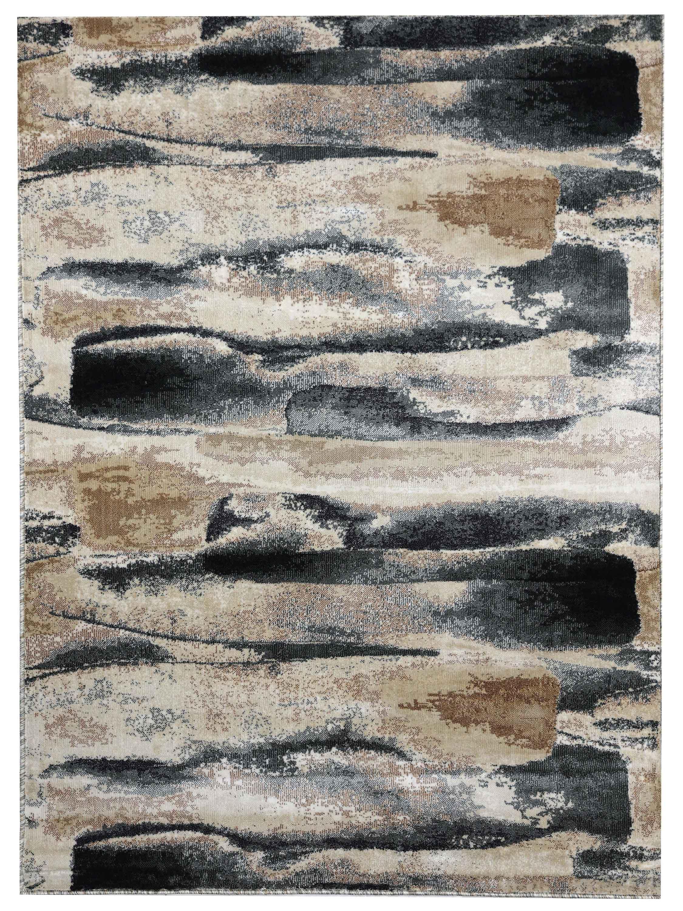 Abstract rug design featuring horizontal wavy patterns in shades of beige, gray, and brown, creating a textured, tranquil landscape effect.