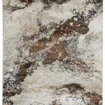 Abstract area rug design featuring earthy tones of brown, beige, and gray. The swirling pattern resembles natural stone textures, creating a rustic, organic feel.