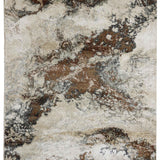 Abstract area rug design featuring earthy tones of brown, beige, and gray. The swirling pattern resembles natural stone textures, creating a rustic, organic feel.