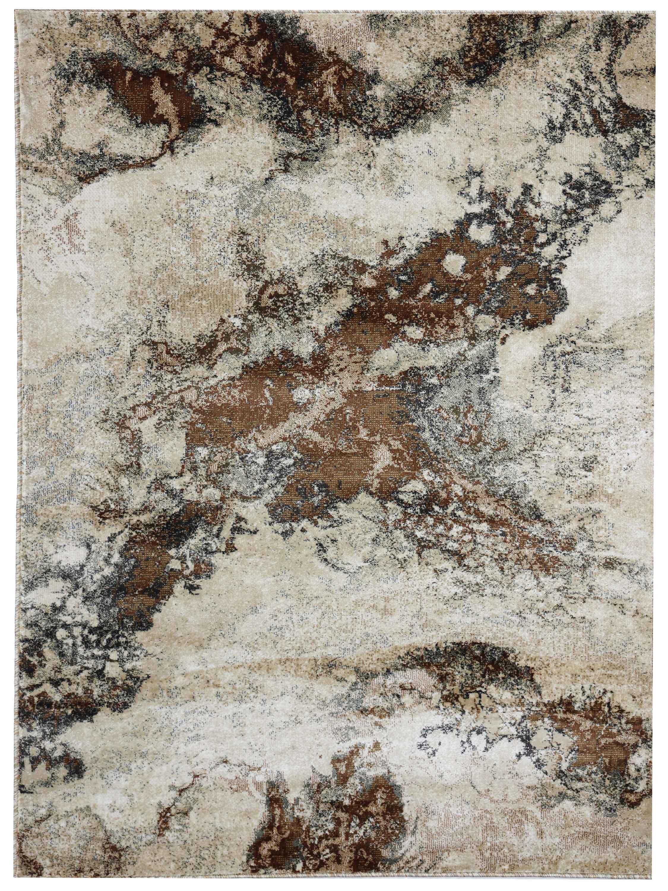 Abstract area rug design featuring earthy tones of brown, beige, and gray. The swirling pattern resembles natural stone textures, creating a rustic, organic feel.