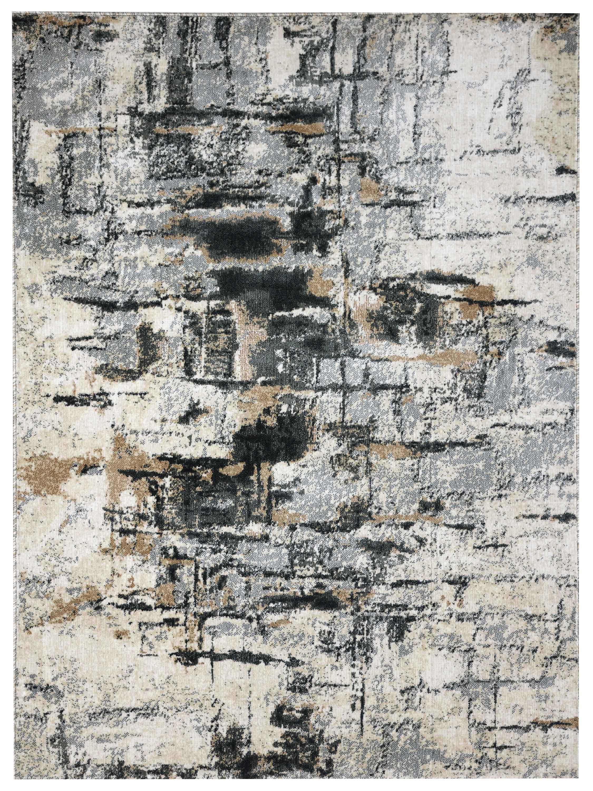 A modern abstract rug with a distressed texture, featuring shades of gray, beige, and black. The pattern resembles an urban landscape, conveying a contemporary feel.