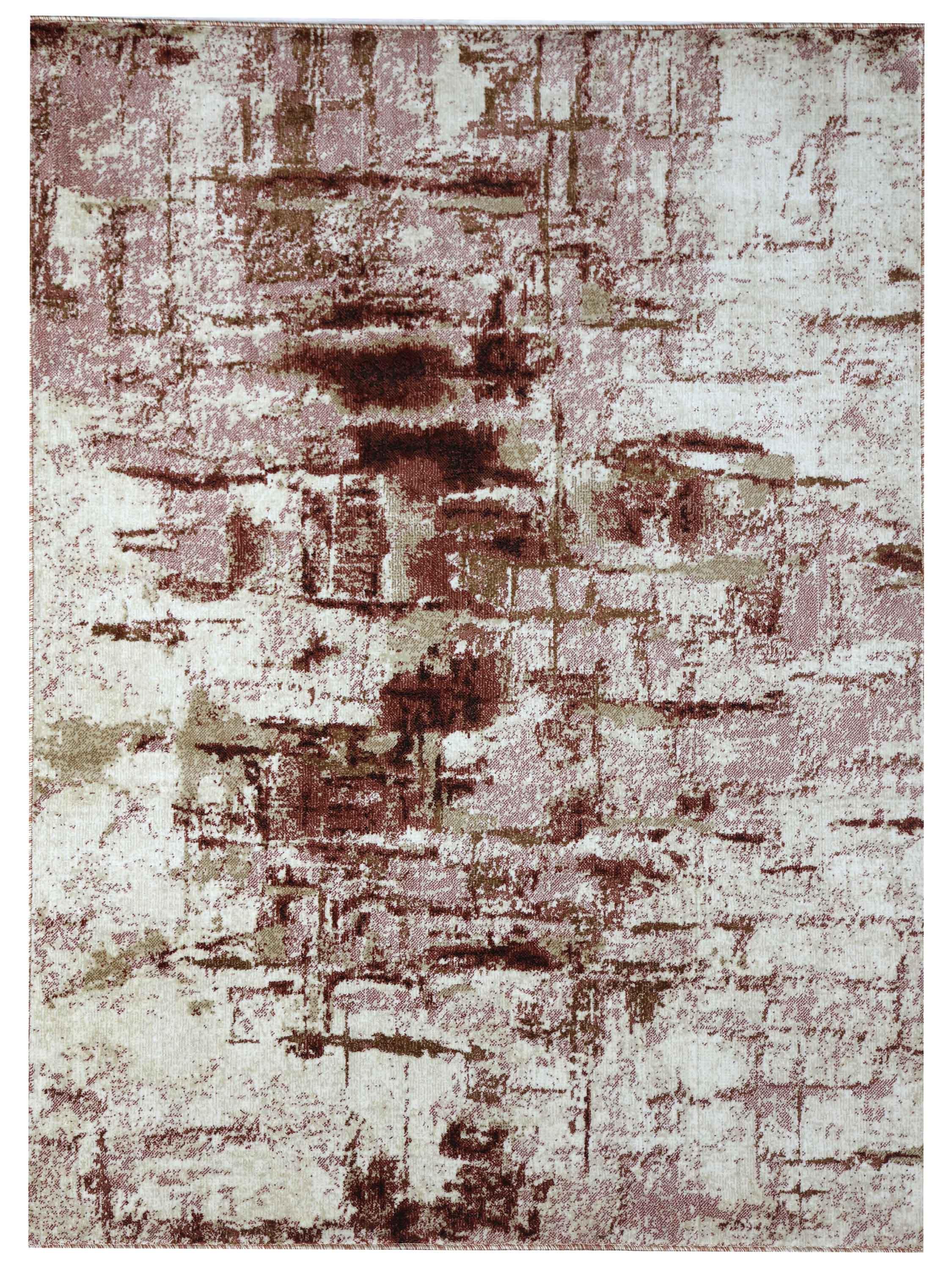 Abstract textured rug with a blend of earthy tones, featuring irregular geometric patterns in brown, beige, and cream. The design conveys a rustic, cozy feel.