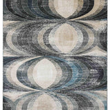Abstract rug with geometric pattern of interlocking ovals in beige, brown, blue, and purple tones. The design creates a layered, vintage appearance.
