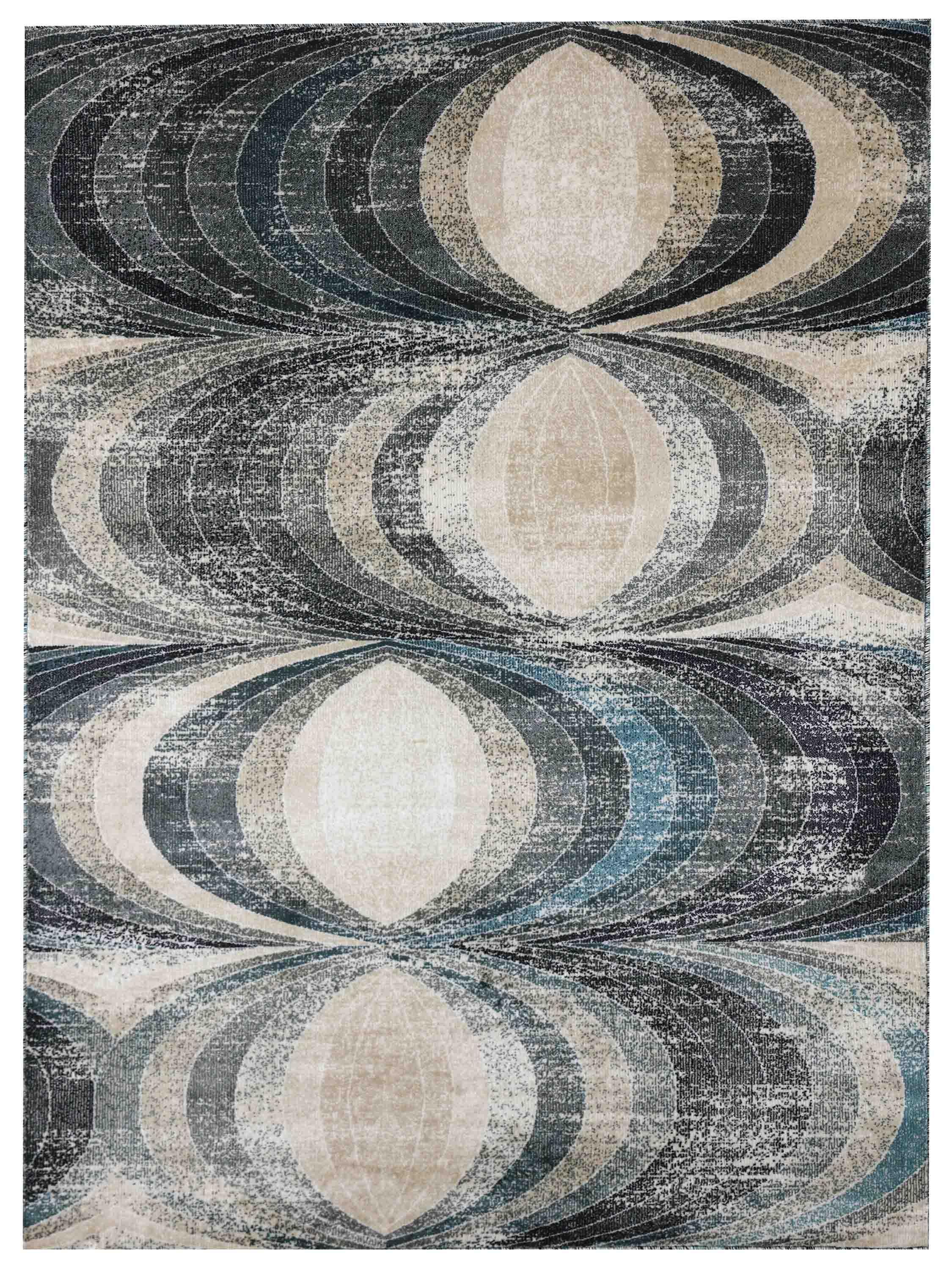 Abstract rug with geometric pattern of interlocking ovals in beige, brown, blue, and purple tones. The design creates a layered, vintage appearance.