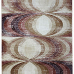 Abstract rug pattern with overlapping oval shapes in earthy tones of beige, brown, and burgundy. The design creates a retro, optical illusion effect.