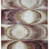 Abstract rug pattern with overlapping oval shapes in earthy tones of beige, brown, and burgundy. The design creates a retro, optical illusion effect.