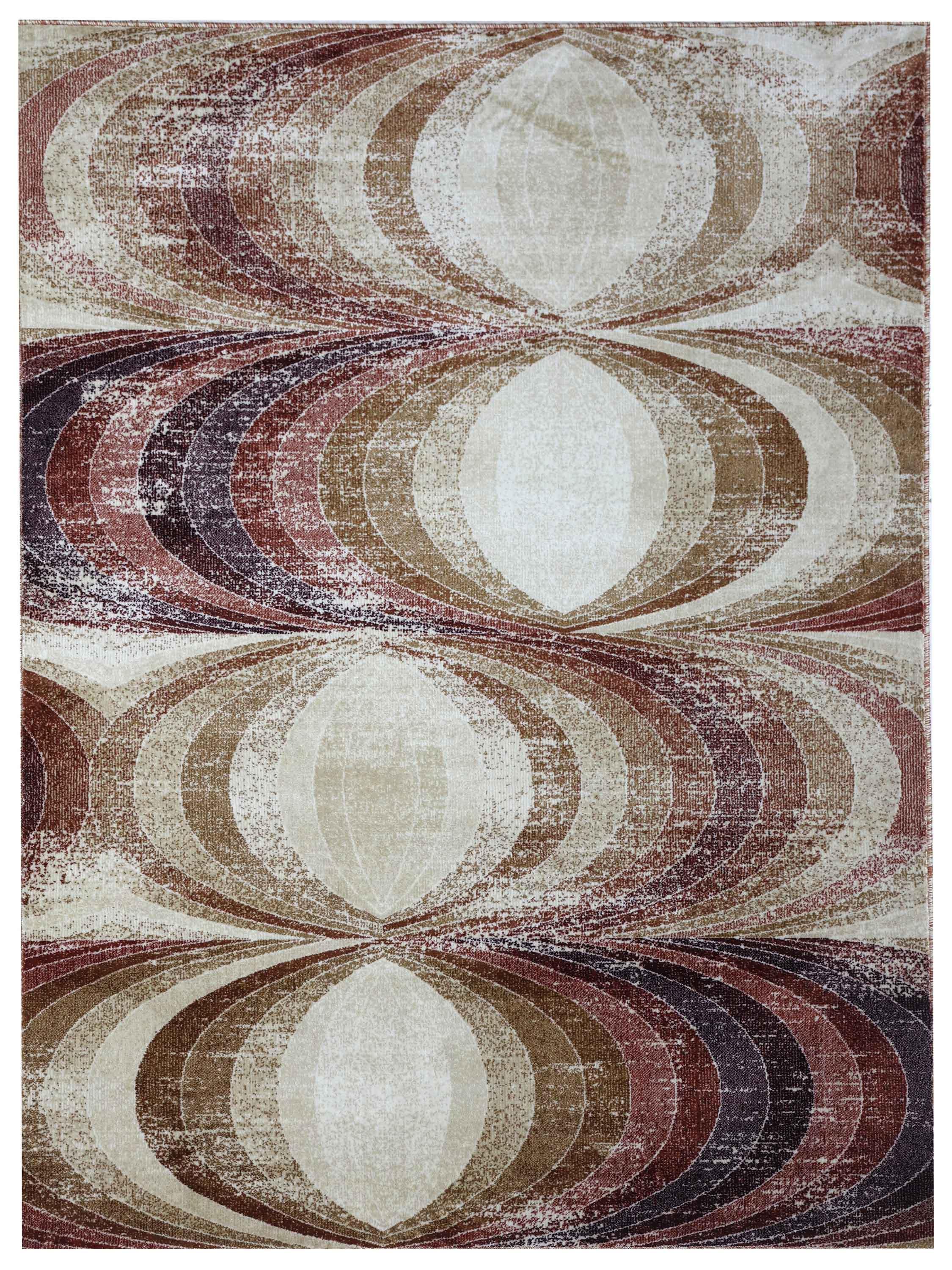 Abstract rug pattern with overlapping oval shapes in earthy tones of beige, brown, and burgundy. The design creates a retro, optical illusion effect.