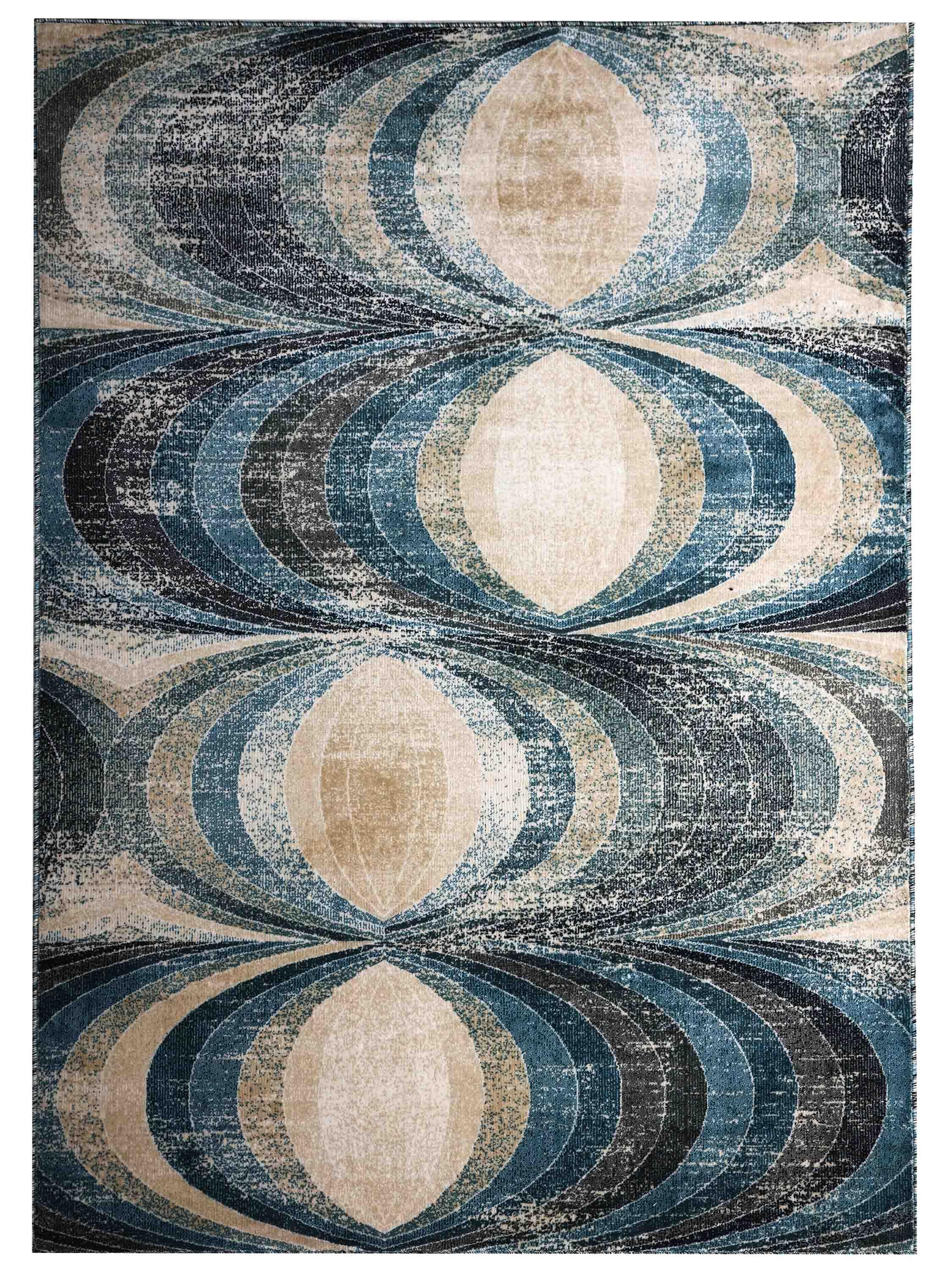 Abstract geometric rug pattern features overlapping ovals in shades of blue, beige, and gray. The design creates a sense of depth and symmetry.