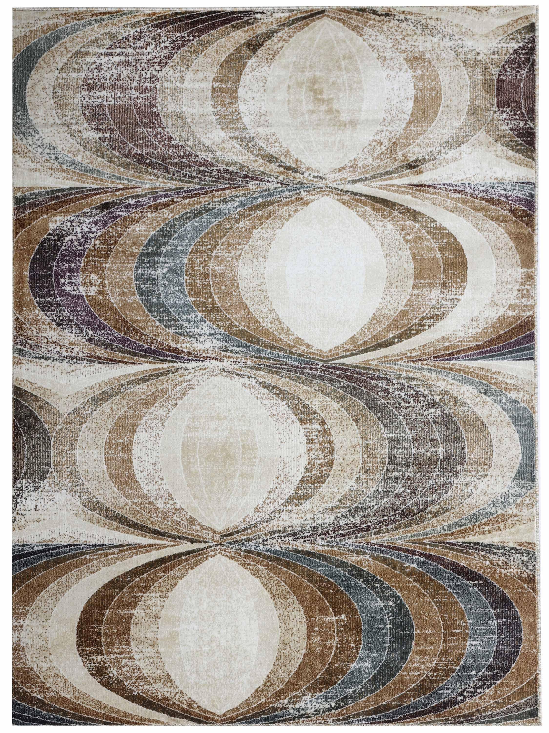 Abstract rug with overlapping oval patterns in beige, brown, blue, and purple tones. The design has a vintage, textured look, creating a warm, earthy feel.