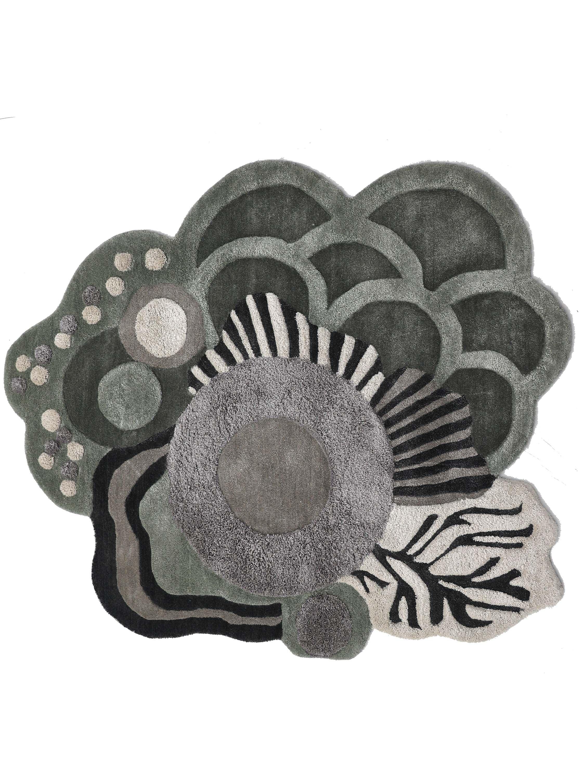 Abstract floral luxury rug with layered geometric patterns in gray, black, and cream tones