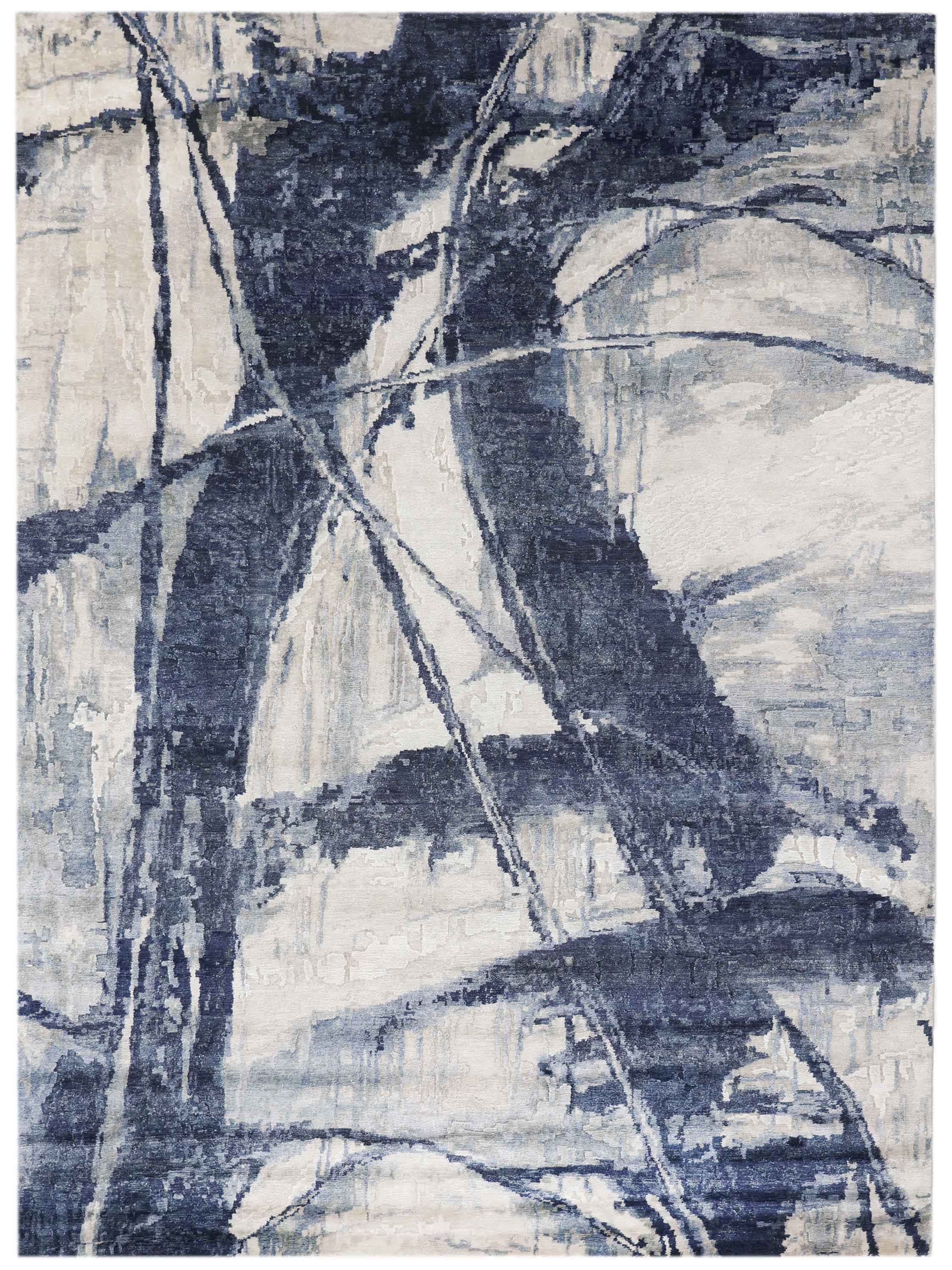 Abstract blue and beige luxury rug with modern artistic design for elegant home decor
