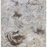 Abstract carpet design featuring swirling patterns in neutral tones of beige, brown, and white. Conveys a calming, textured, and artistic feel.
