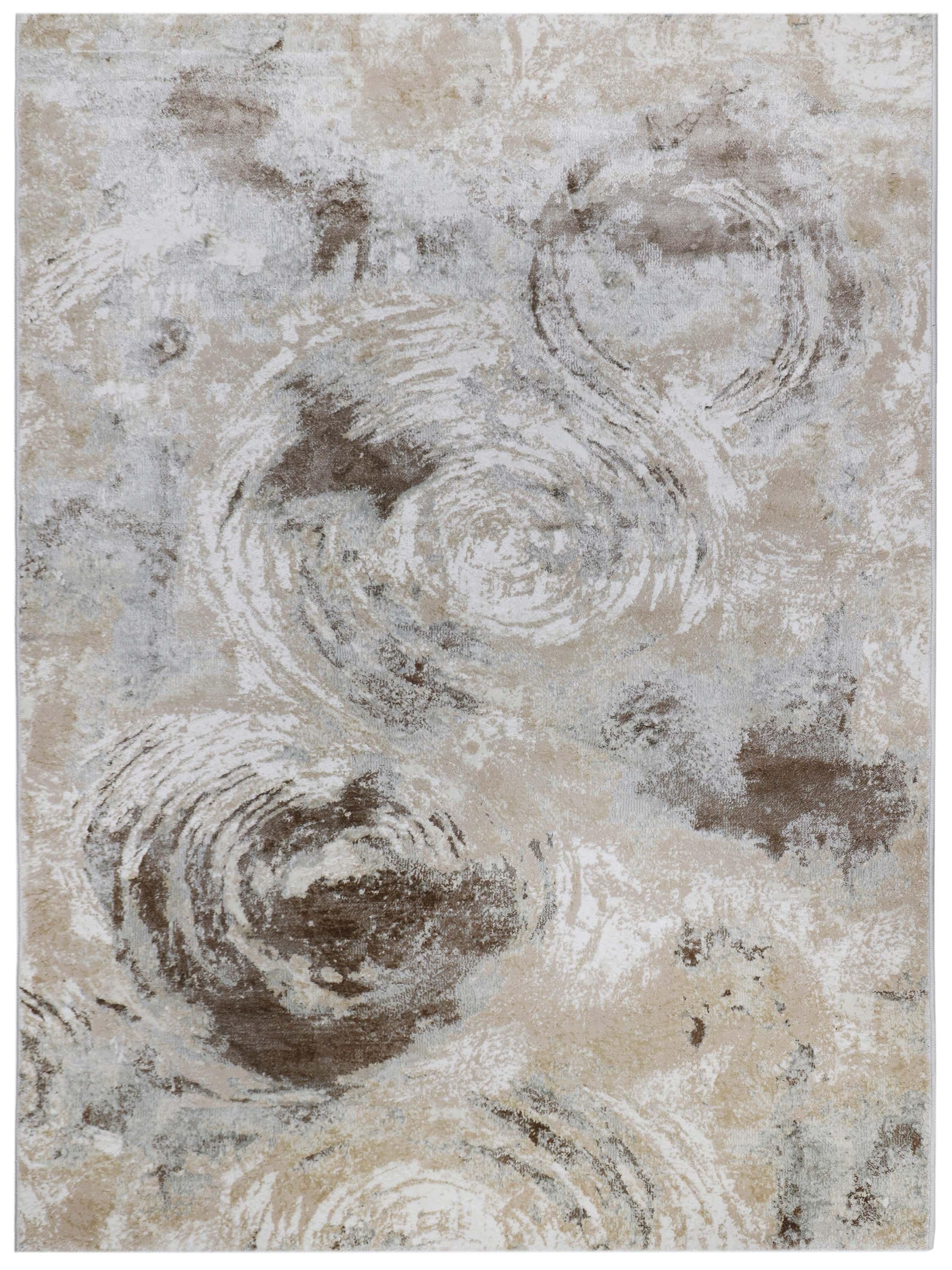Abstract carpet design featuring swirling patterns in neutral tones of beige, brown, and white. Conveys a calming, textured, and artistic feel.