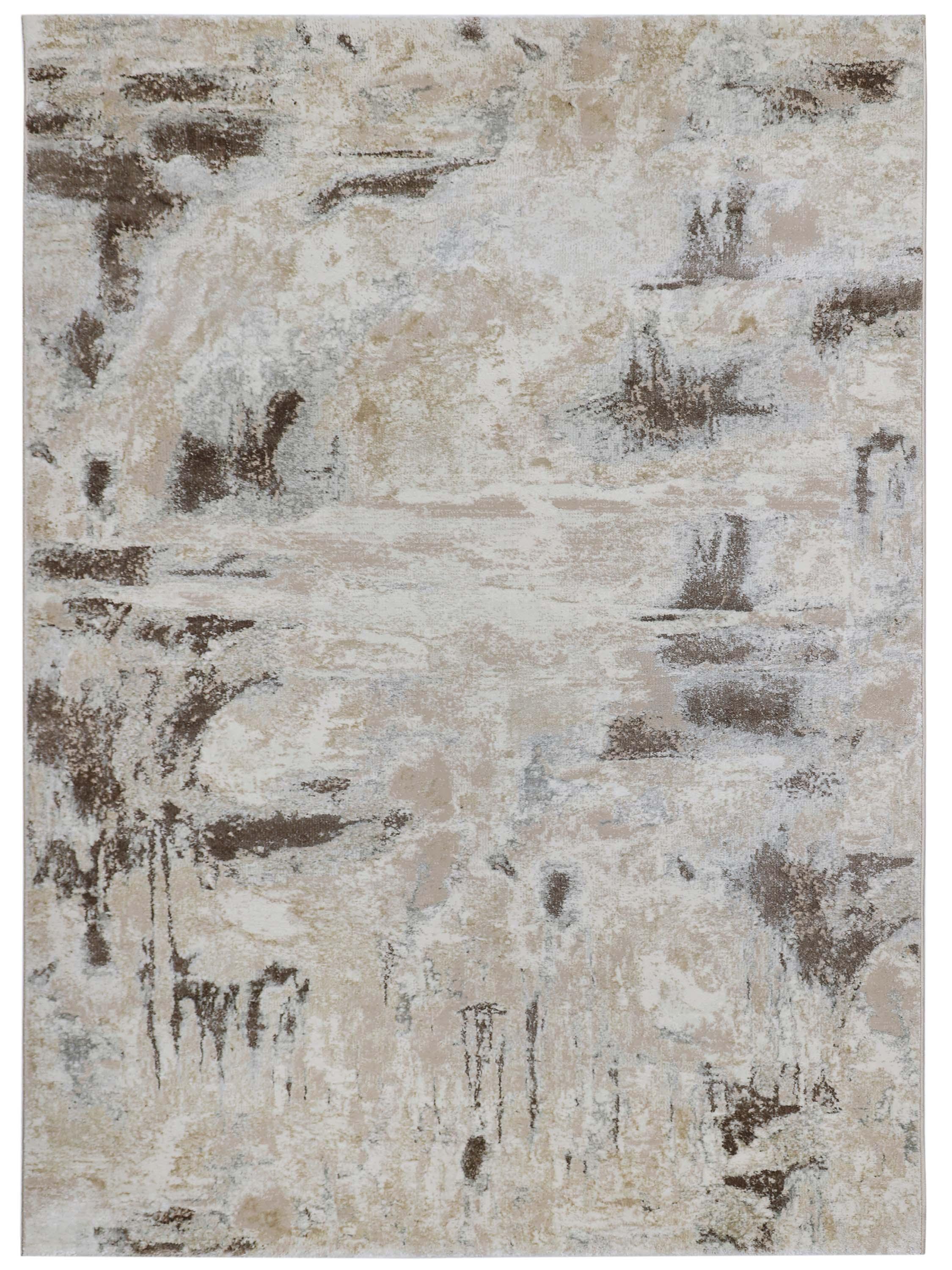 Abstract area rug with a distressed pattern featuring beige, gray, and brown tones. The design resembles a weathered, textured landscape.