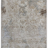 A vintage-style area rug with intricate floral patterns in muted earth tones, featuring subtle blue and brown accents, conveying a rustic, elegant feel.