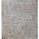 Faded intricate floral and geometric patterns in muted beige, cream, and soft brown tones over a vintage-style distressed rug, evoking a rustic elegance.