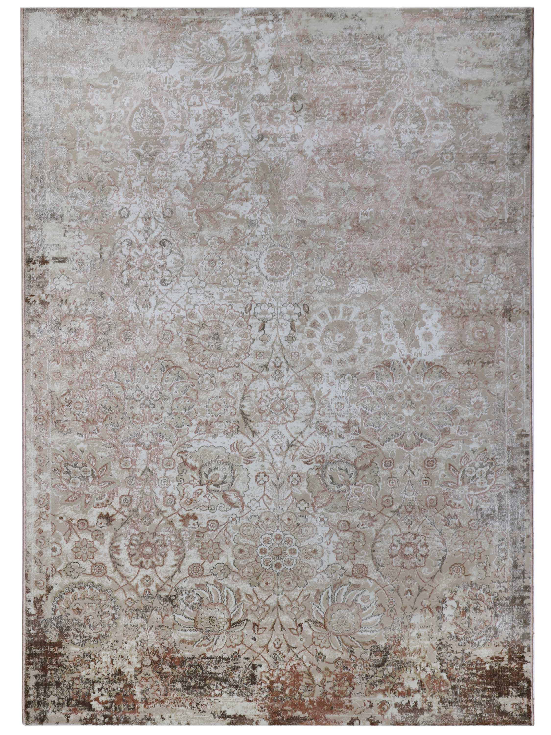 Faded intricate floral and geometric patterns in muted beige, cream, and soft brown tones over a vintage-style distressed rug, evoking a rustic elegance.