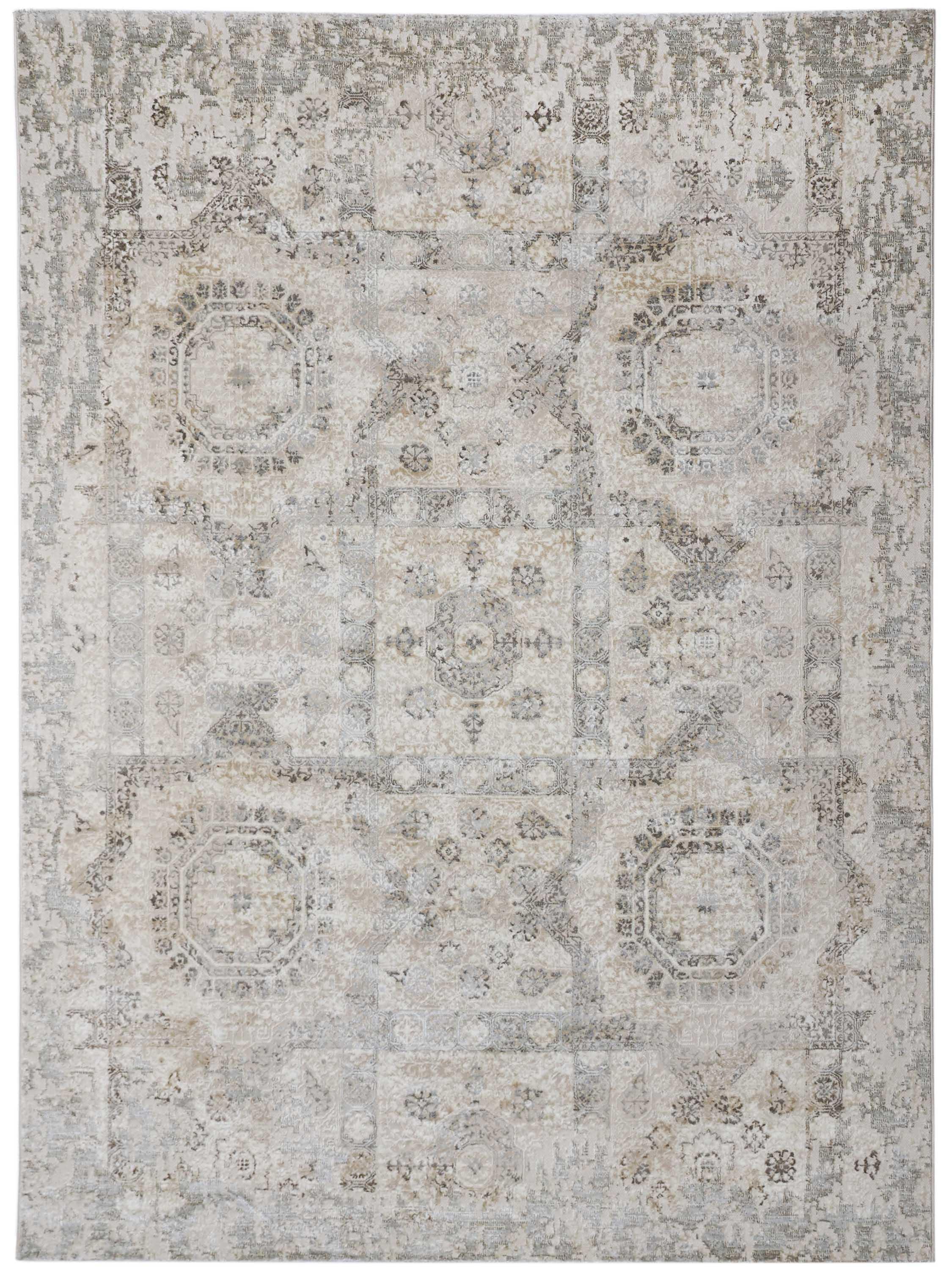 Vintage-style rug with faded intricate patterns of octagons, floral motifs, and abstract shapes in muted beige and gray tones, conveying an antique feel.